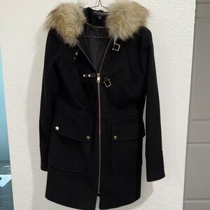 Miss Selfridge Black Utility Jacket with Fur Trim.
